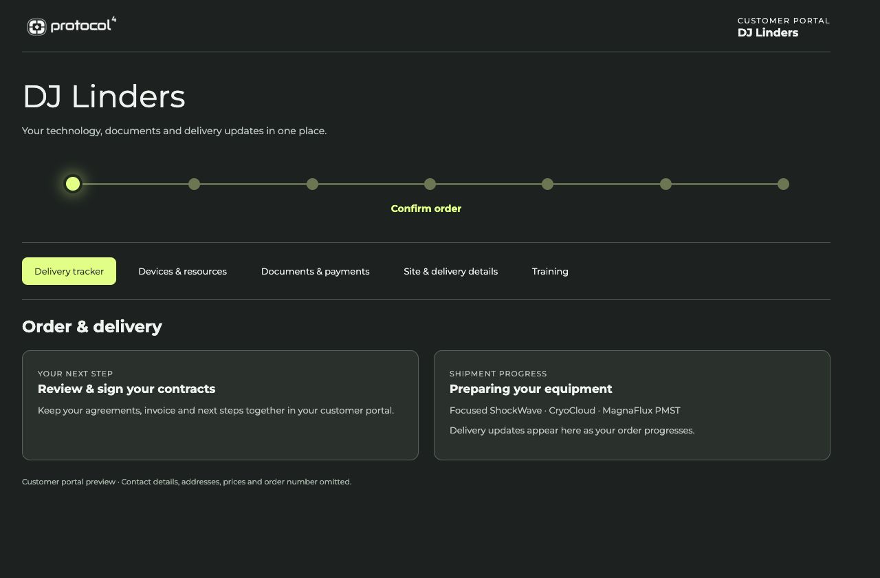 Customer delivery tracker showing shipment progress, delivery status, and site readiness